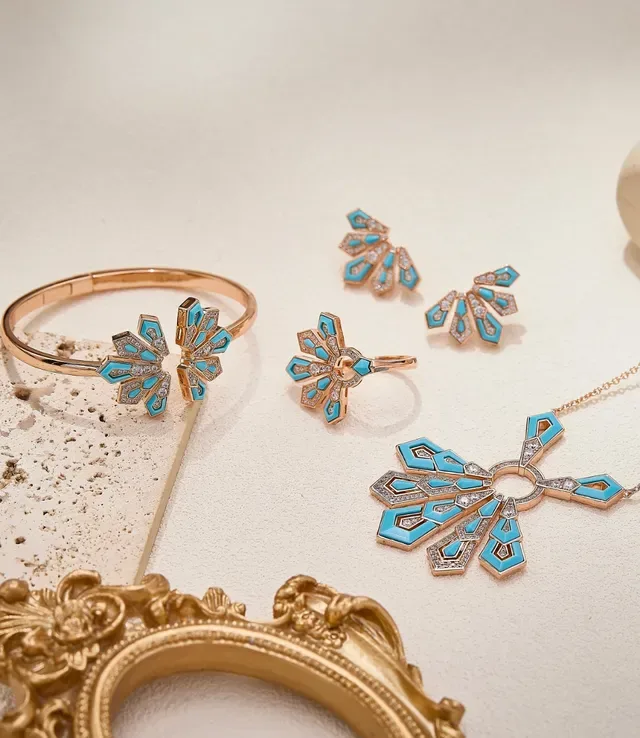 Floral Geometric Turquoise Enamel and Pavé Rose Gold Bracelet 4
