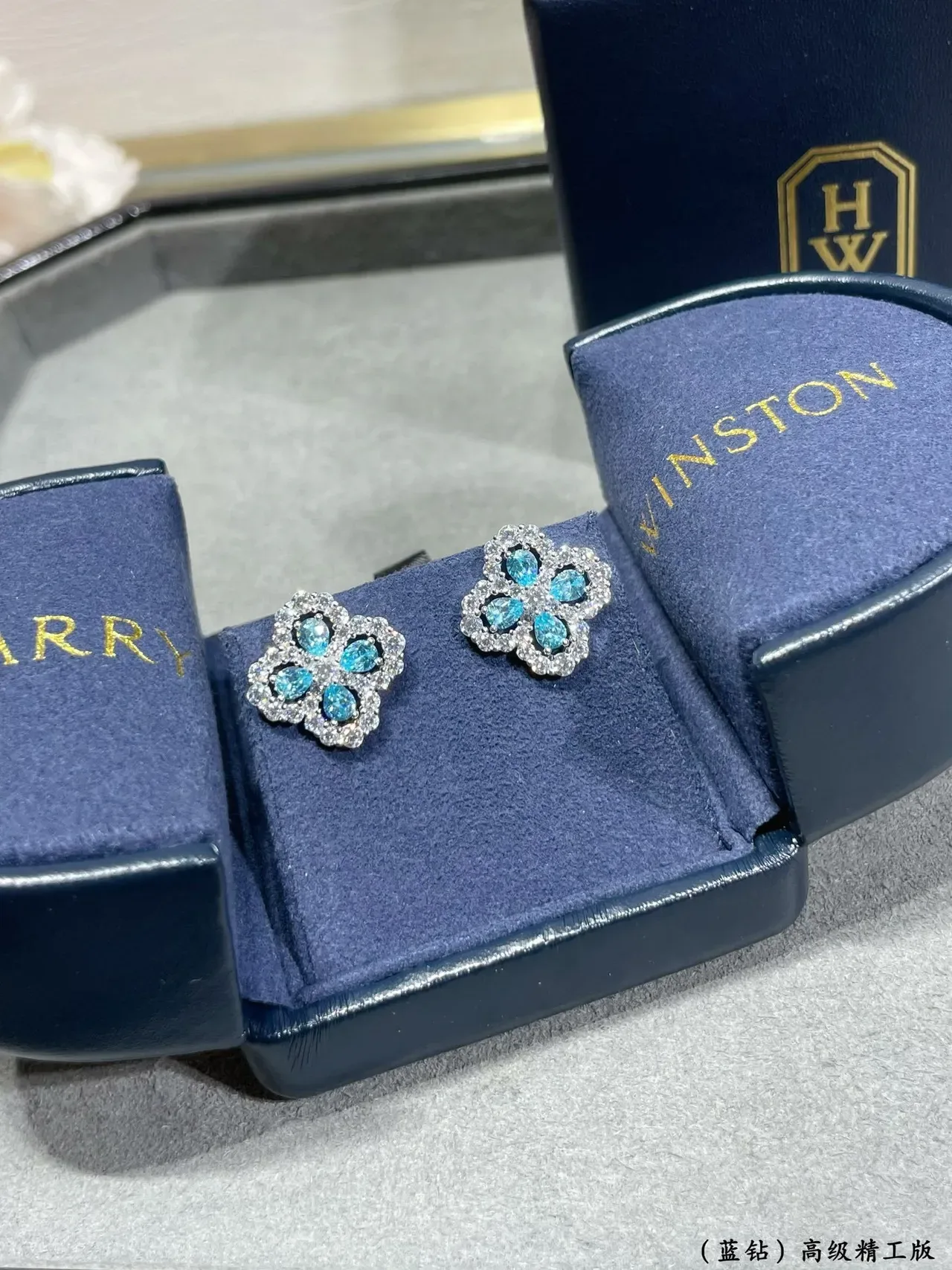 Floral Motif Blue and Clear Stone Stud Earrings 5