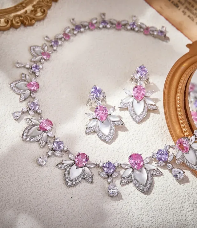 Floral Motif Enamel and Pink Gemstone Necklace 2