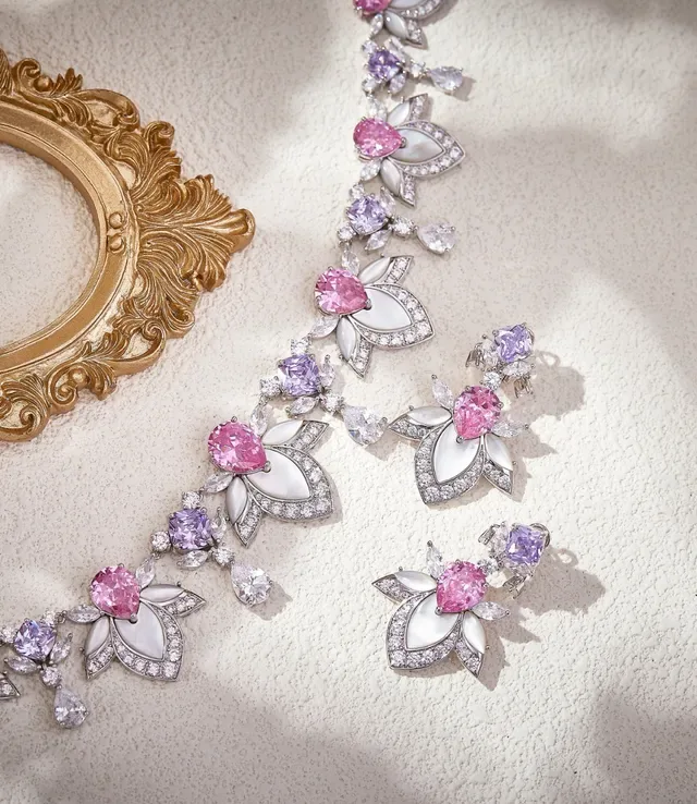 Floral Motif Enamel and Pink Gemstone Necklace 3
