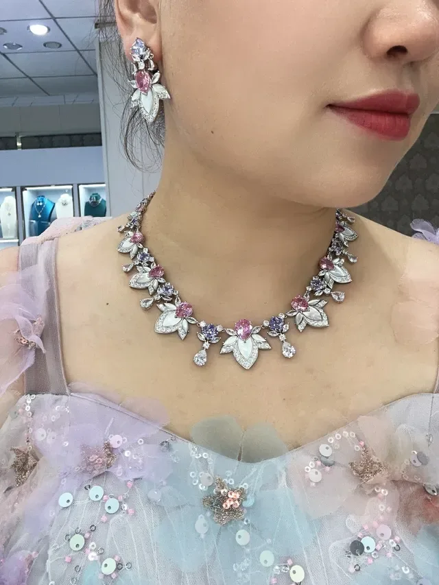 Floral Motif Enamel and Pink Gemstone Necklace 4
