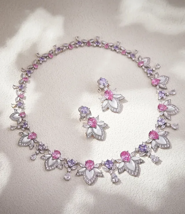 Floral Motif Enamel and Pink Gemstone Necklace 5