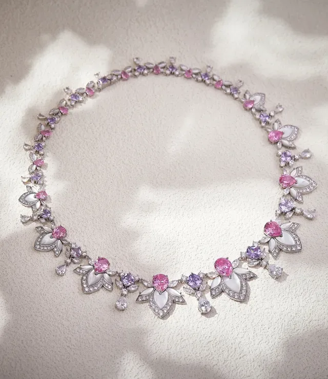 Floral Motif Enamel and Pink Gemstone Necklace 6