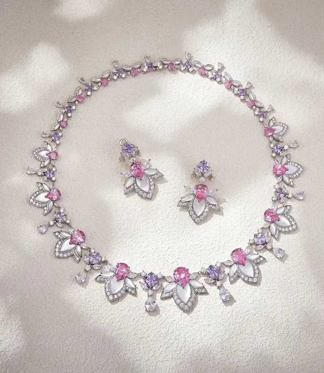 Floral Motif Enamel and Pink Gemstone Necklace 7
