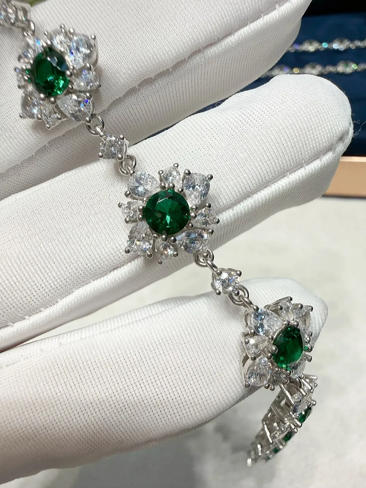 Floral Motif Pave-Set Green and Clear Stone Necklace 6