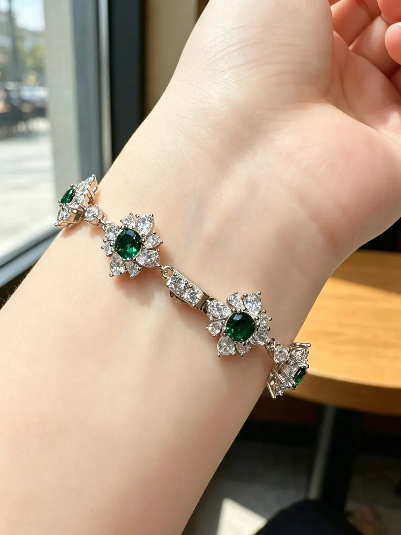 Floral Motif Pave-Set Green and Clear Stone Necklace 7