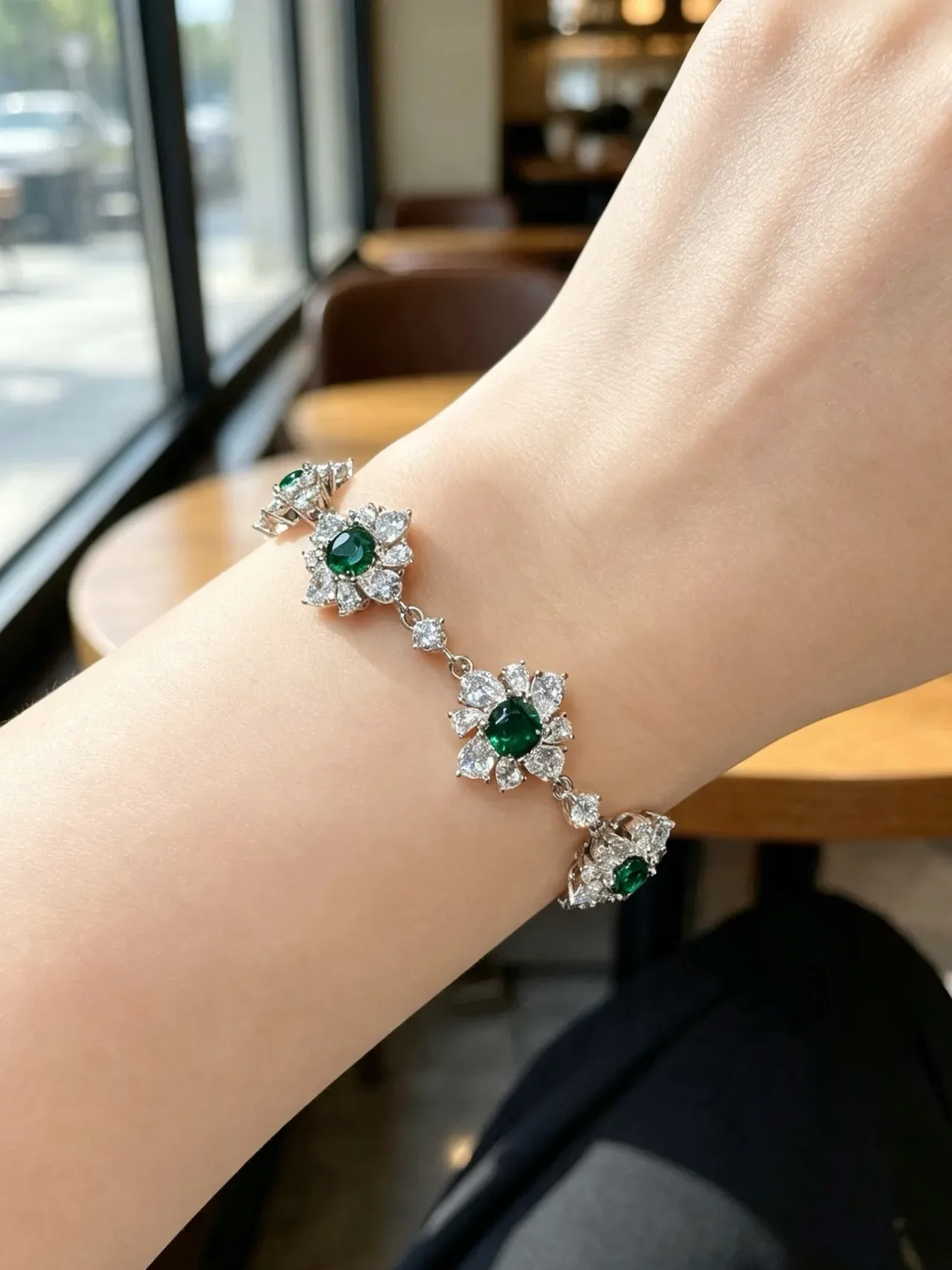 Floral Motif Pave-Set Green and Clear Stone Necklace 8