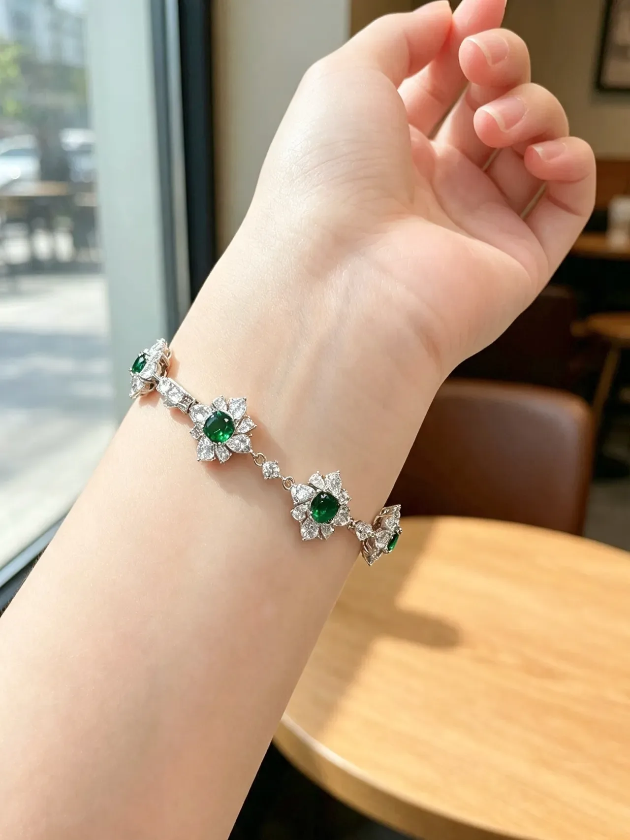 Floral Motif Pave-Set Green and Clear Stone Necklace 9