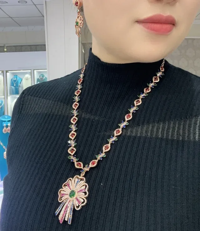 Floral Multi-Gemstone Diamond-Encrusted Gold-Tone Pendant Necklace 2