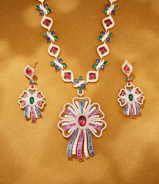 Floral Multi-Gemstone Diamond-Encrusted Gold-Tone Pendant Necklace 3