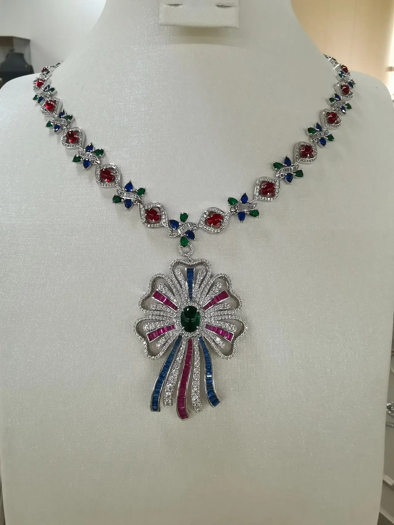 Floral Multi-Gemstone Diamond-Encrusted Gold-Tone Pendant Necklace 4