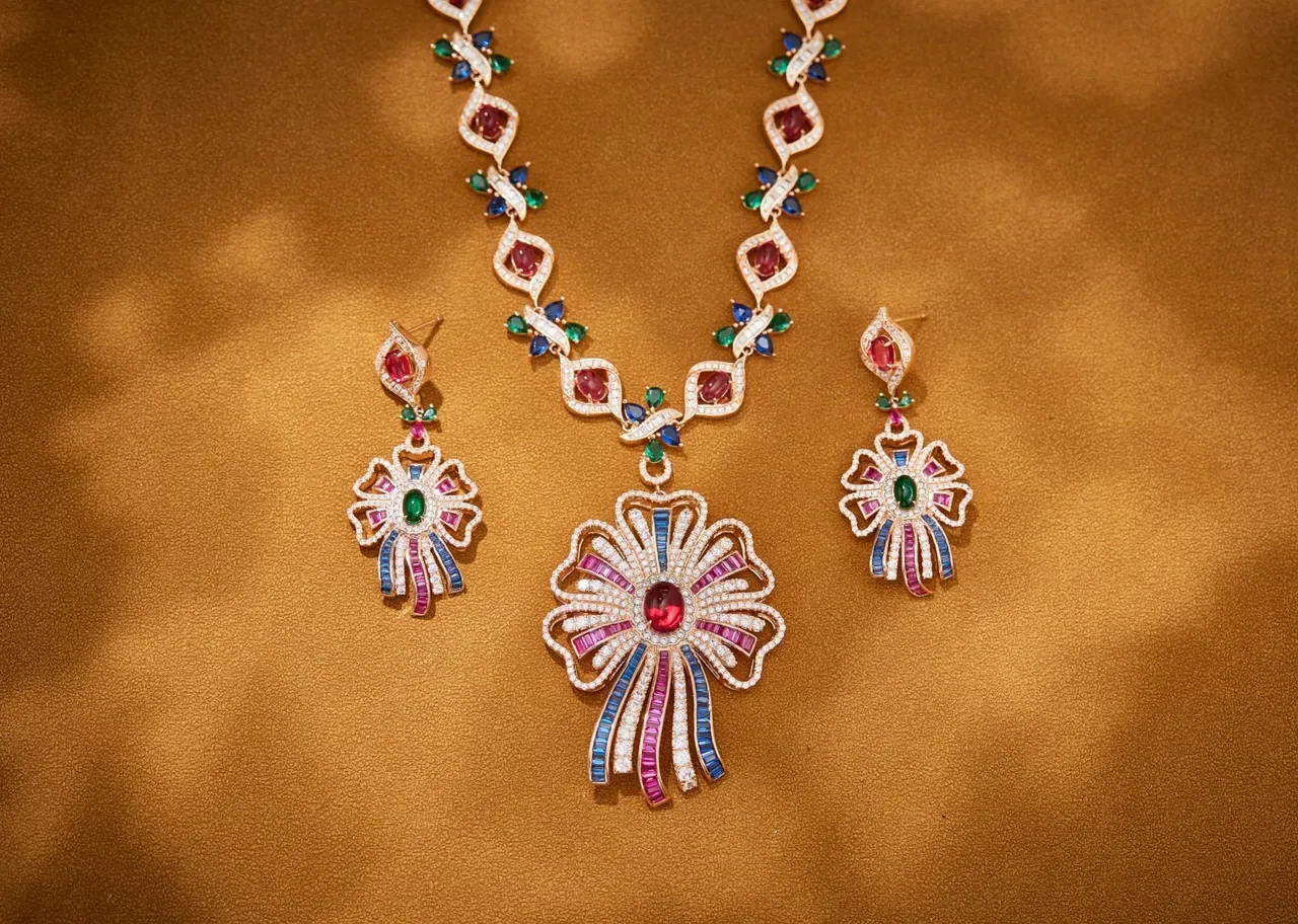 Floral Multi-Gemstone Diamond-Encrusted Gold-Tone Pendant Necklace 5