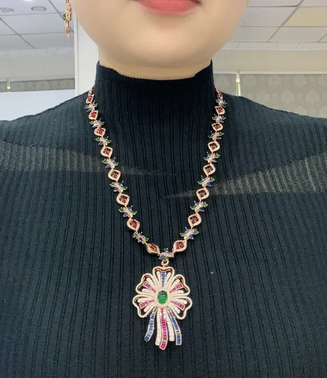 Floral Multi-Gemstone Diamond-Encrusted Gold-Tone Pendant Necklace 6