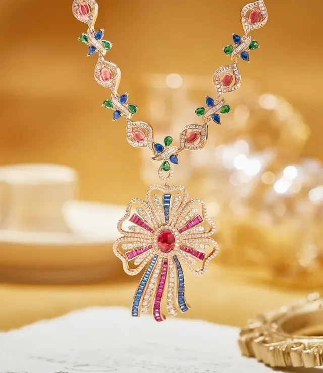 Floral Multi-Gemstone Diamond-Encrusted Gold-Tone Pendant Necklace 7