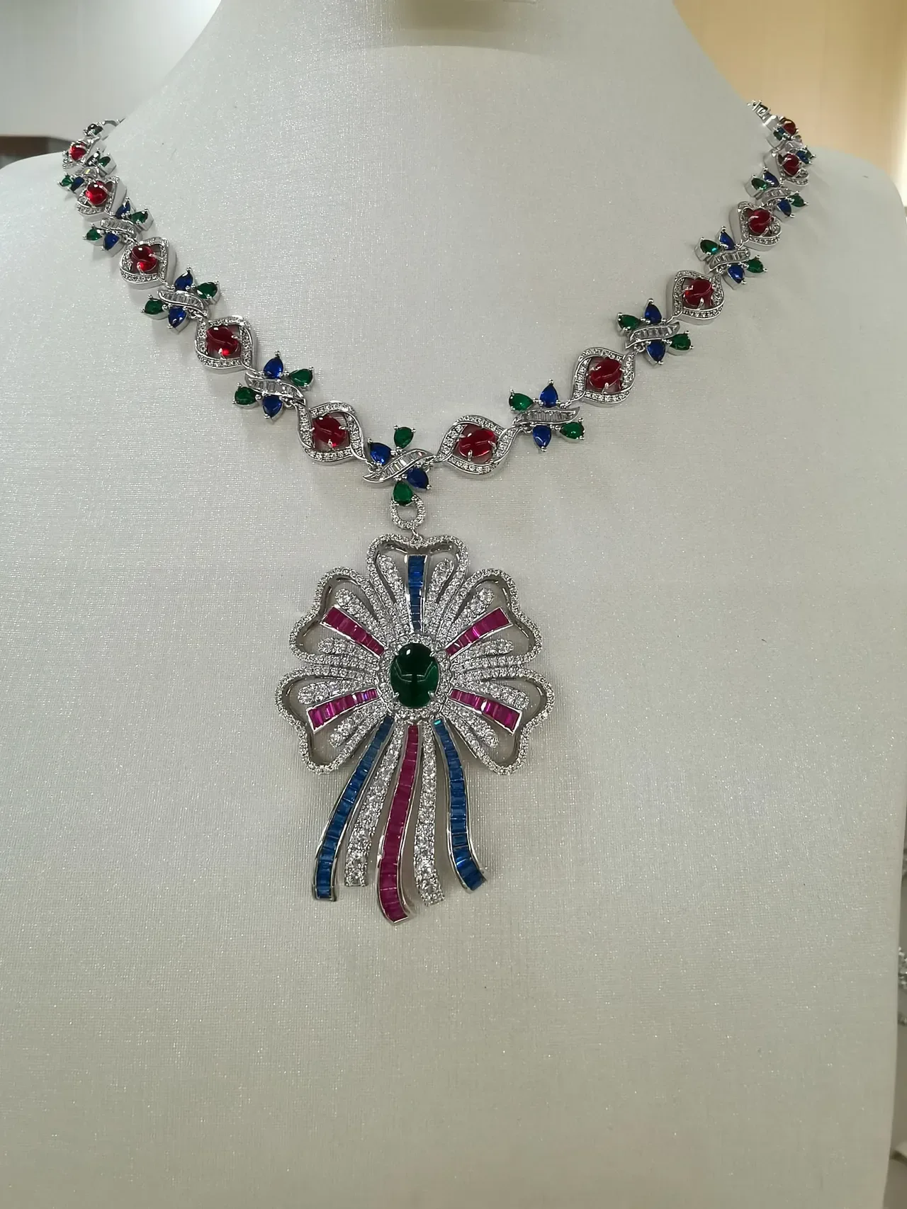Floral Multi-Gemstone Diamond-Encrusted Gold-Tone Pendant Necklace 8