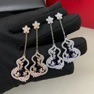 Floral Stud Gourd Pendant Pave Stone Earrings