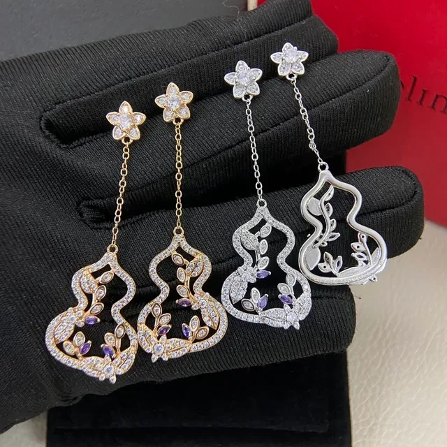 Floral Stud Gourd Pendant Pave Stone Earrings 2