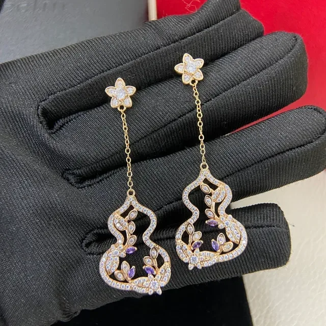 Floral Stud Gourd Pendant Pave Stone Earrings 3