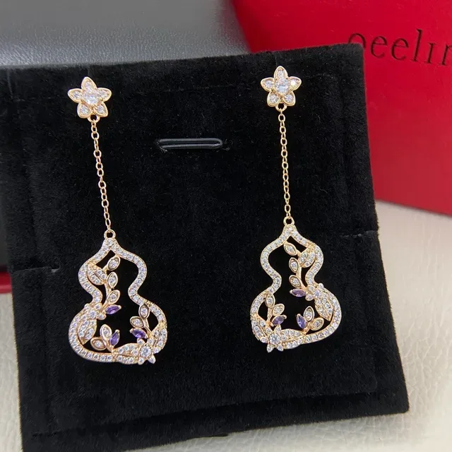 Floral Stud Gourd Pendant Pave Stone Earrings 4