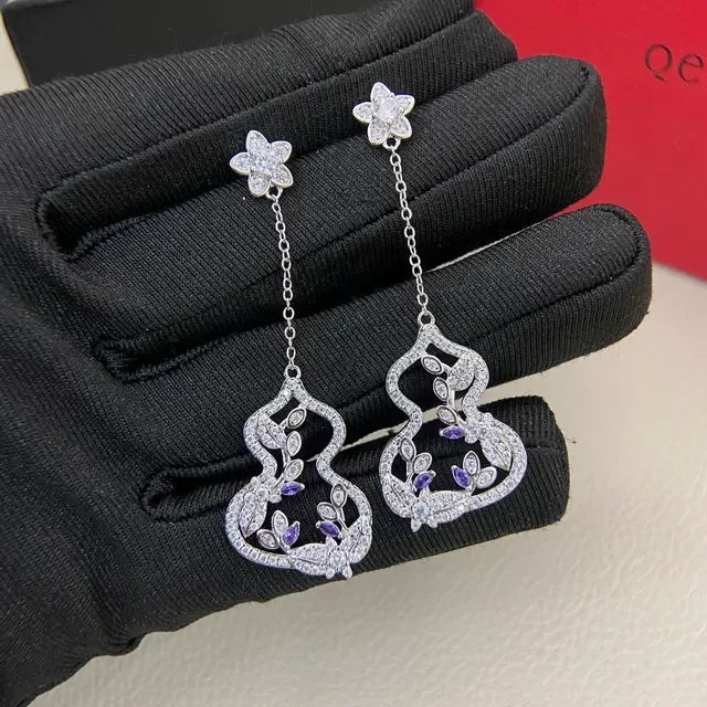 Floral Stud Gourd Pendant Pave Stone Earrings 5