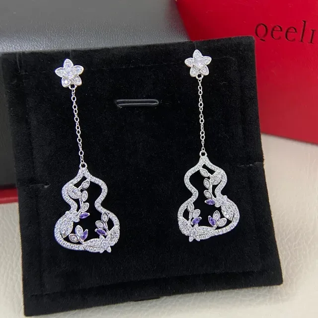 Floral Stud Gourd Pendant Pave Stone Earrings 6