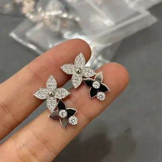 Flower-Shaped Pave Crystal and Black Enamel Stud Earrings