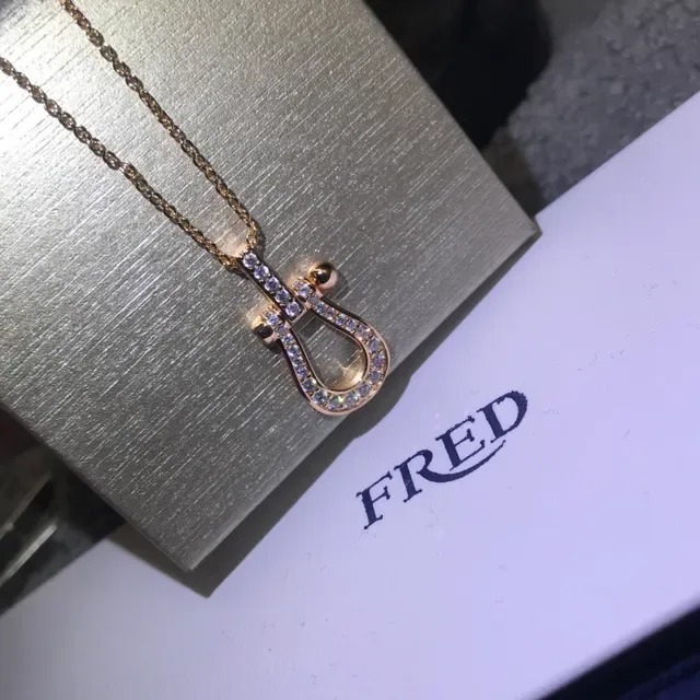 FRED Gold Silver Pavé-Set Crystal U-Shaped Pendant Necklace 2