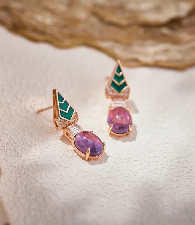 Geometric Enamel Chevron Cabochon Purple Stone Earrings 4