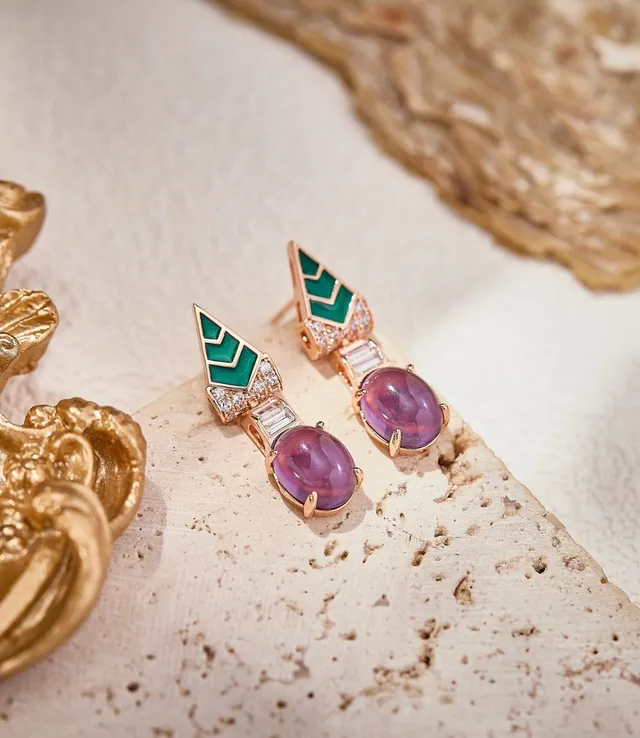 Geometric Enamel Chevron Cabochon Purple Stone Earrings 5