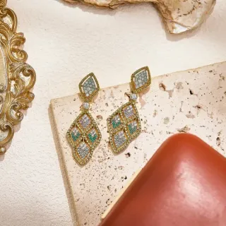 Geometric Lattice Pavé-Set Gemstone Dangling Earrings