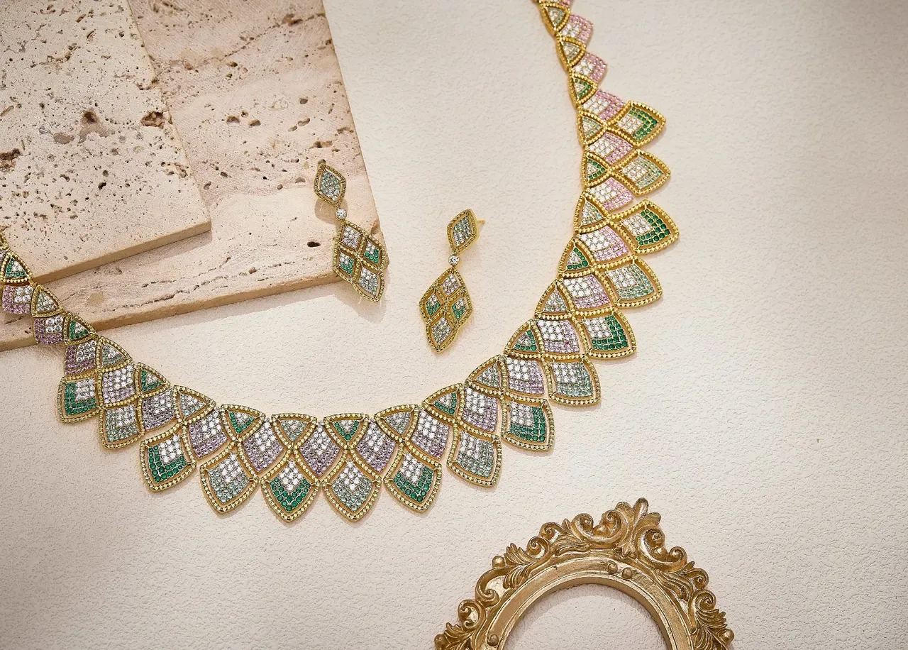 Geometric Lattice Pavé-Set Gemstone Dangling Earrings 5