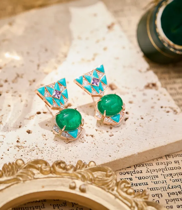 Geometric Turquoise and Green Cabochon Earrings 3