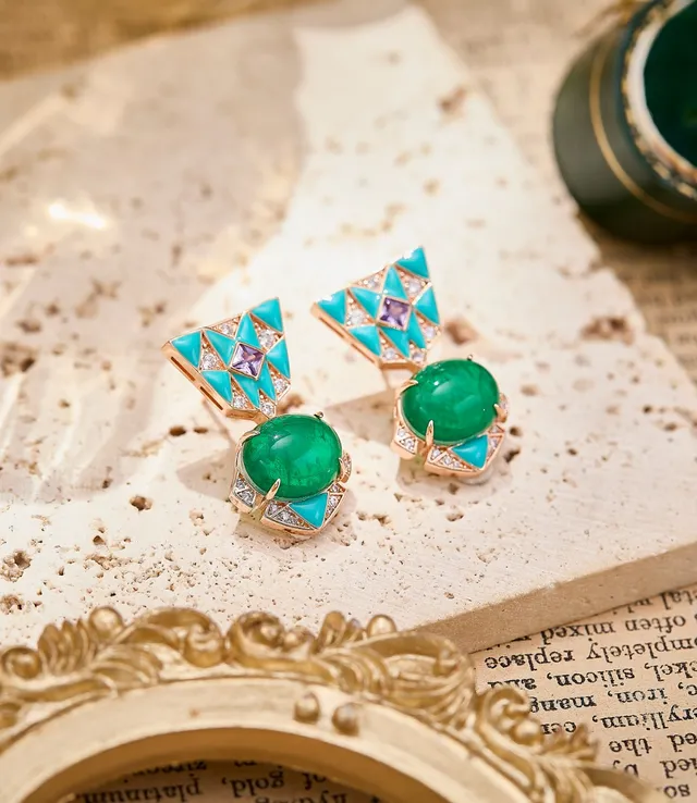 Geometric Turquoise and Green Cabochon Earrings 5