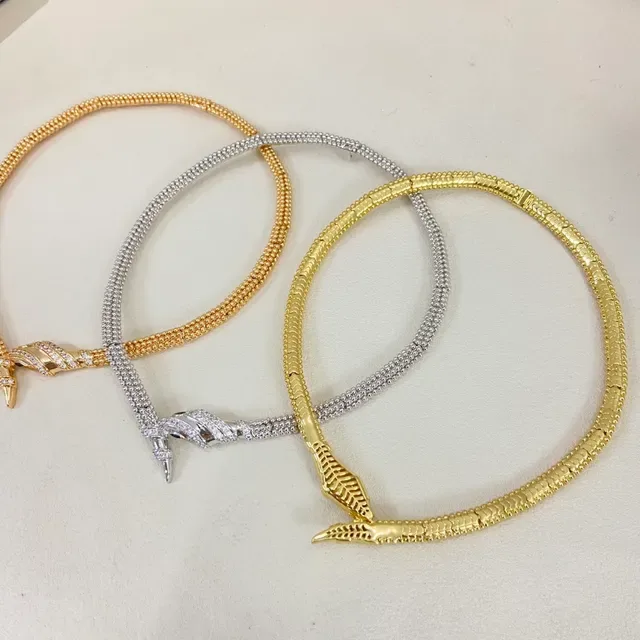 Gold and Silver Snake-Head Pendant Beaded Chain Necklaces 2