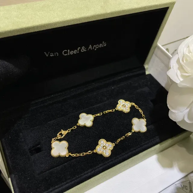 Gold and Silver Tone Clover Motif Malachite and Mother-of-Pearl Bracelets 3