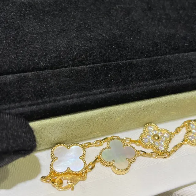 Gold and Silver Tone Clover Motif Malachite and Mother-of-Pearl Bracelets 4