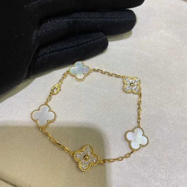 Gold and Silver Tone Clover Motif Malachite and Mother-of-Pearl Bracelets 6