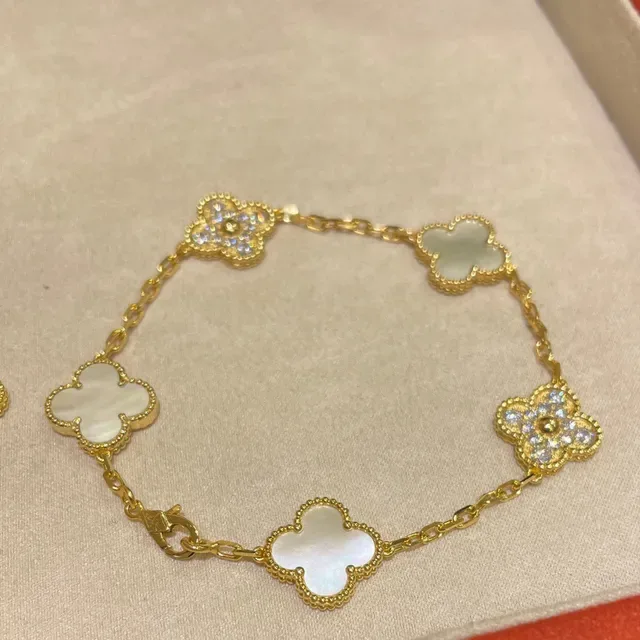 Gold and Silver Tone Clover Motif Malachite and Mother-of-Pearl Bracelets 7