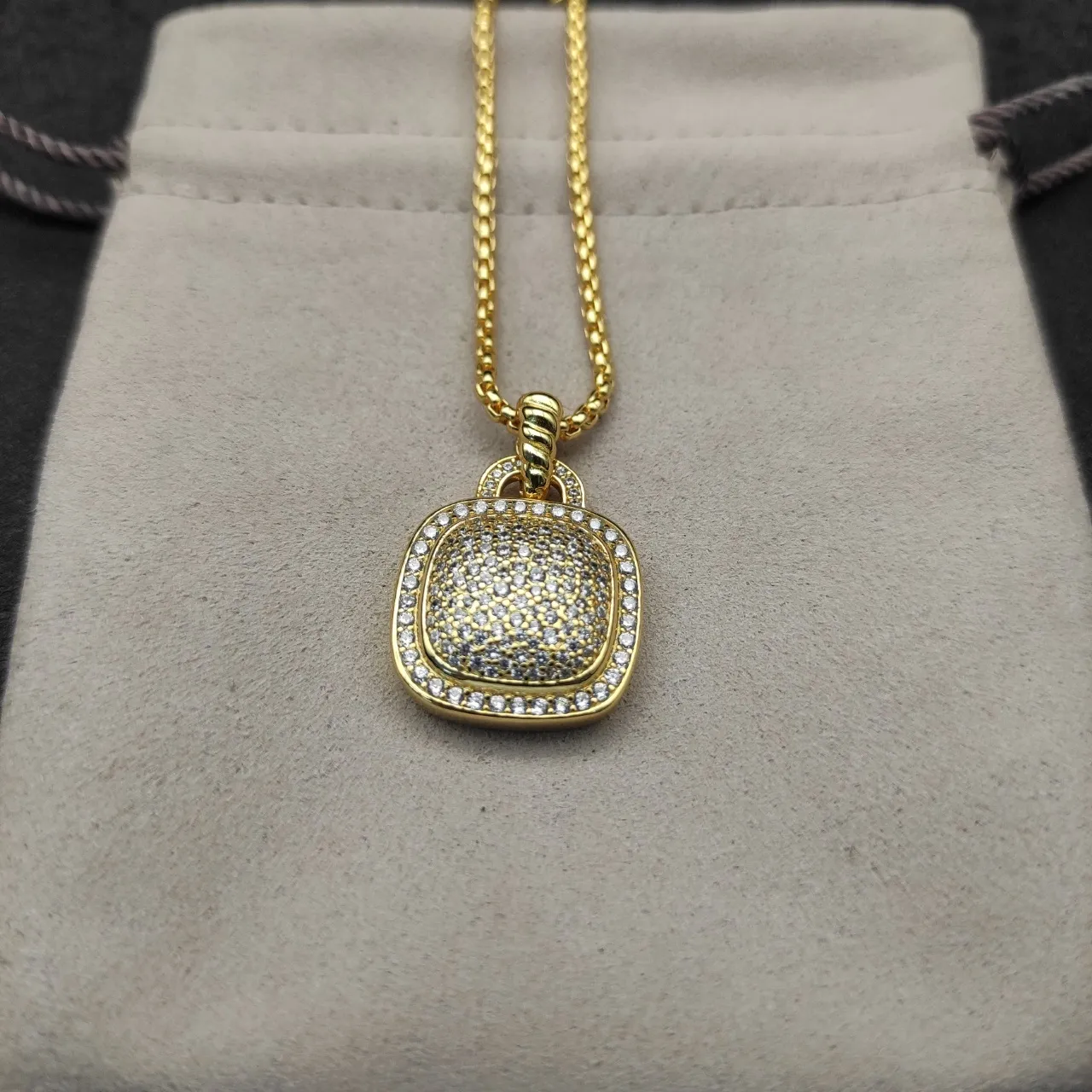Gold and Silver Tone Pave Cushion Pendant Necklaces 3