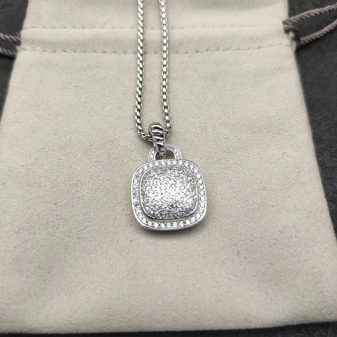 Gold and Silver Tone Pave Cushion Pendant Necklaces 4