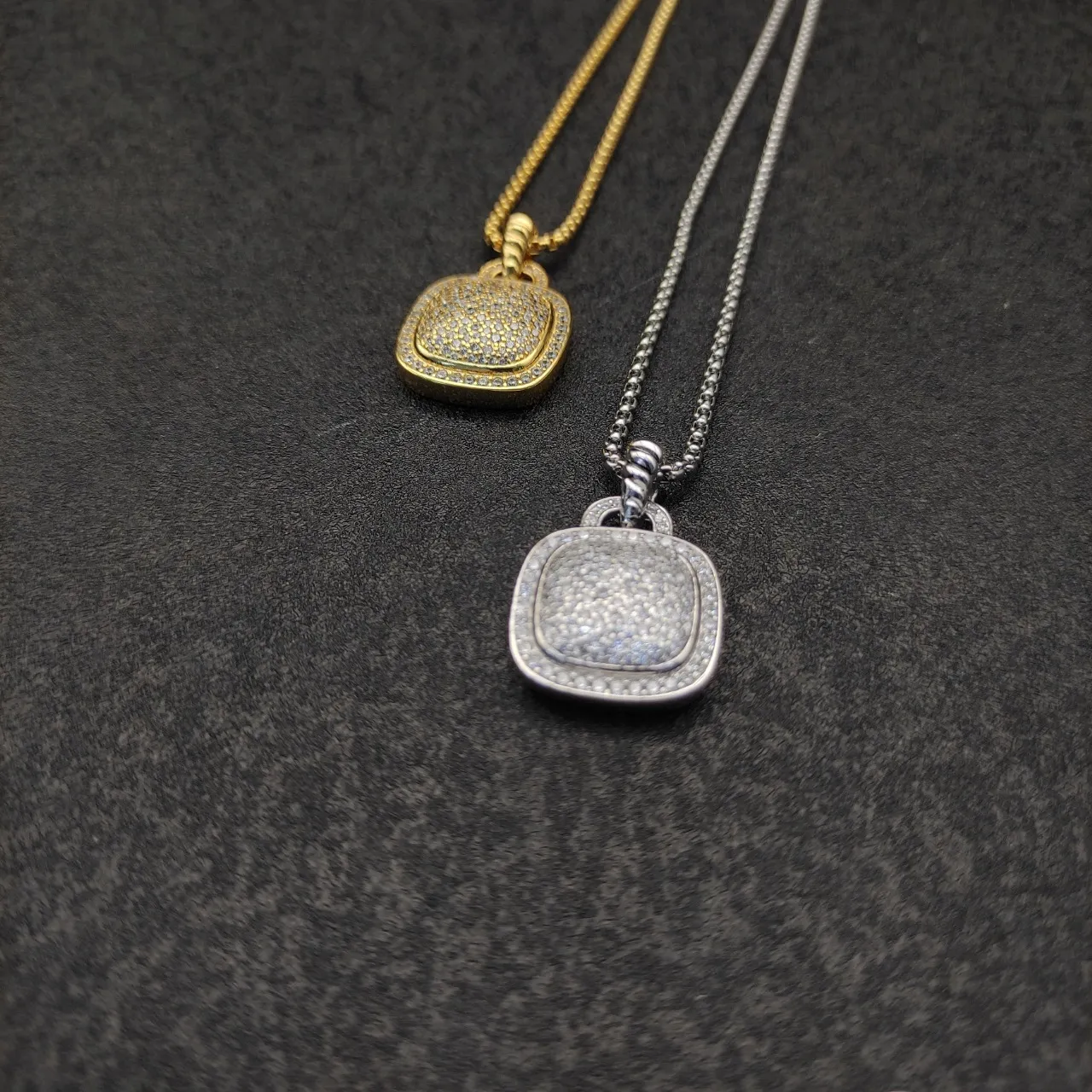 Gold and Silver Tone Pave Cushion Pendant Necklaces 5