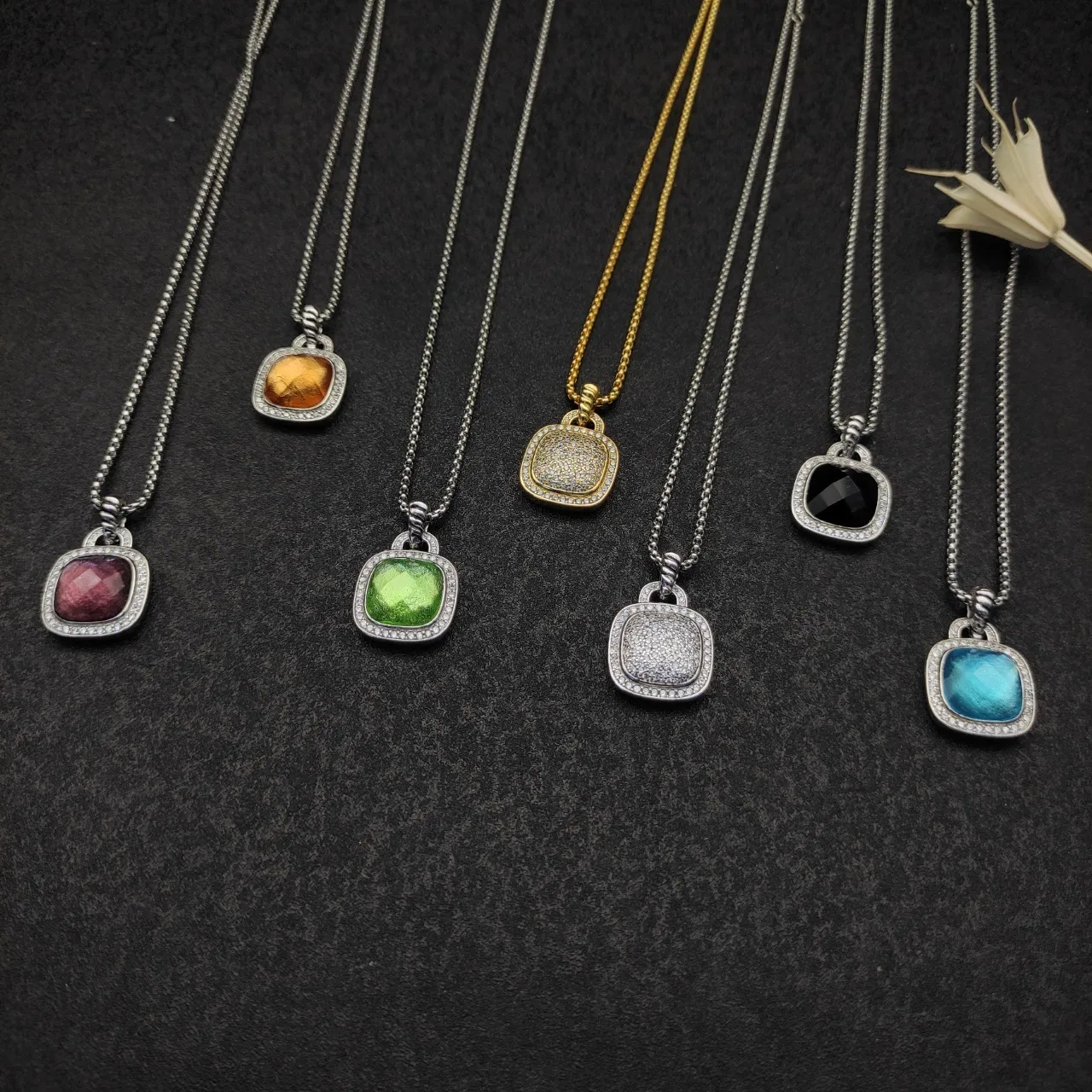 Gold and Silver Tone Pave Cushion Pendant Necklaces 6