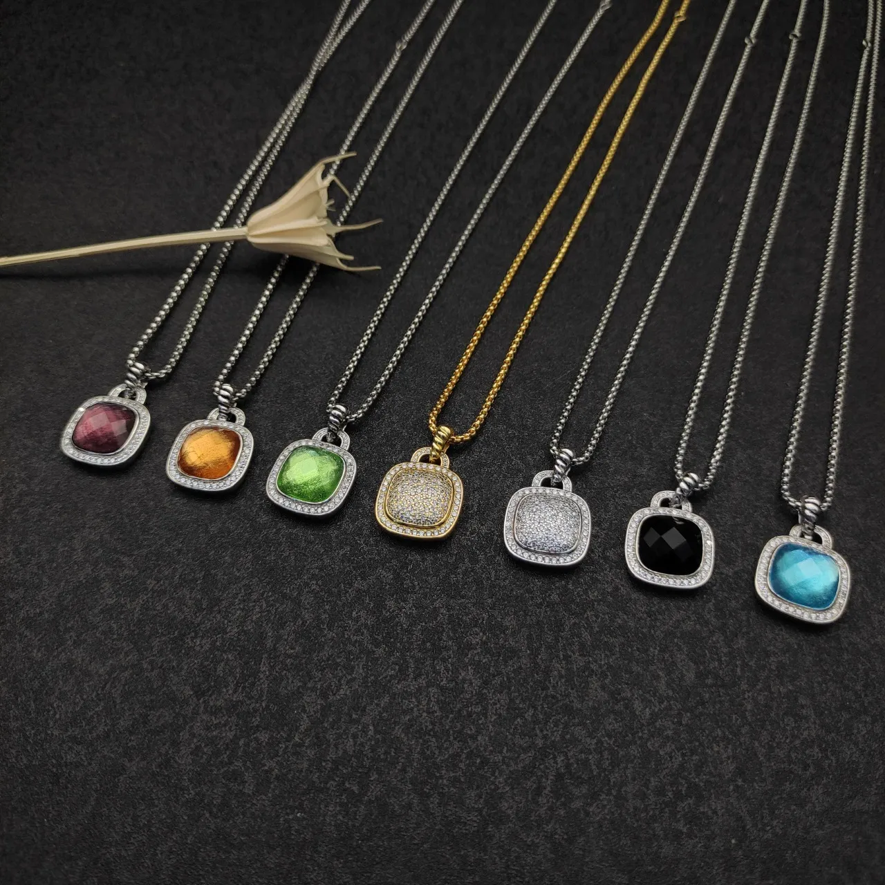 Gold and Silver Tone Pave Cushion Pendant Necklaces 7