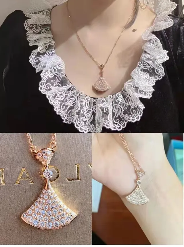 Gold Beige Fan-Shaped Pavé Pendant Detachable Pearl Drop Charm Necklace 2