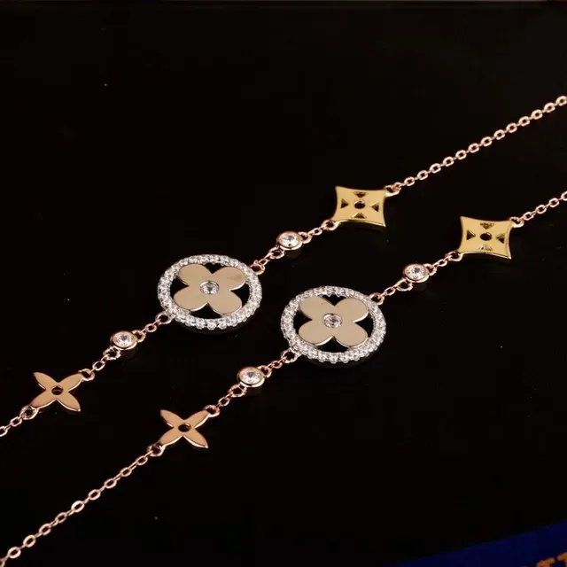 Gold Beige Rose Chain Enamel Flower Charm Bracelet 5
