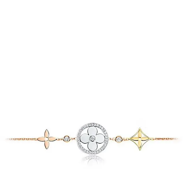 Gold Beige Rose Chain Enamel Flower Charm Bracelet 6