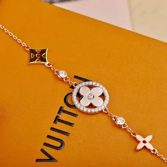 Gold Beige Rose Chain Enamel Flower Charm Bracelet 8