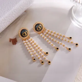 Gold Black Filigree Pearl Tassel Fringe Earrings