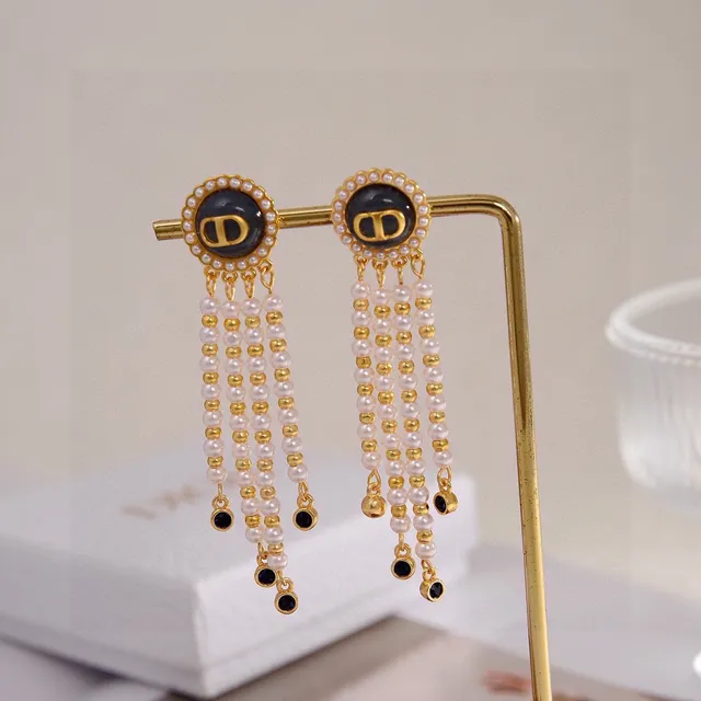 Gold Black Filigree Pearl Tassel Fringe Earrings 2