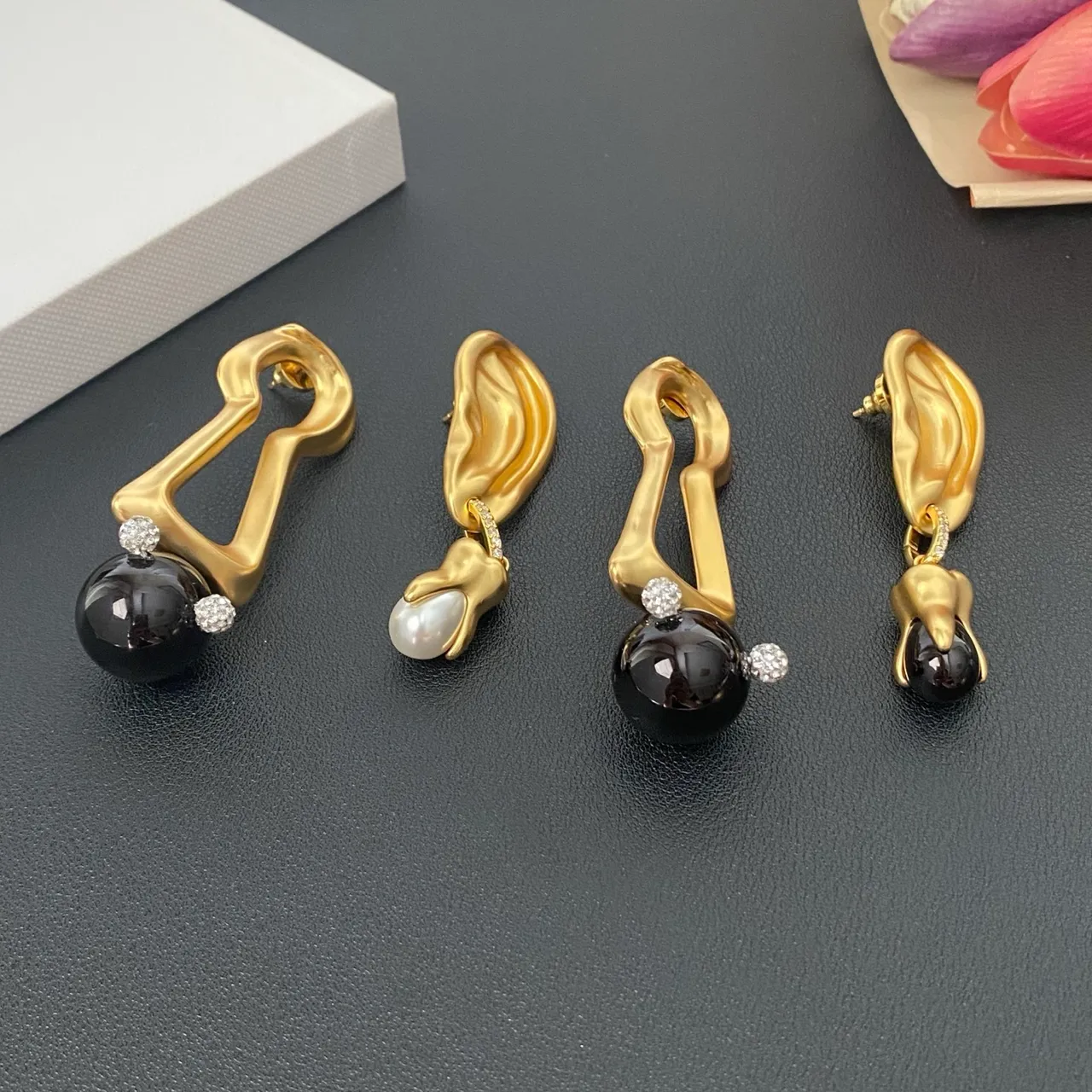 Gold Black Sculptural Top Asymmetrical Drop Earrings 4